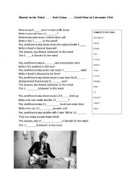 English Worksheet: Blowing in the wind. Bob Dylan. Nobel Prize in literature