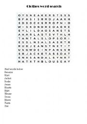 English Worksheet: clothes word search