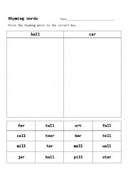 English Worksheet: Rhyming Words -ar and -all
