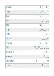 Animals vocabulary matching with gaps  mixed