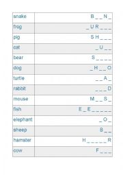 English Worksheet: Animals vocabulary matching with gaps  mixed