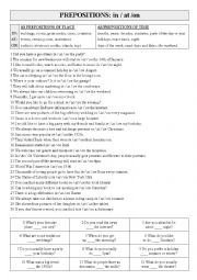English Worksheet: Prepositions: IN/AT/ON