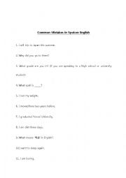 English Worksheet: Common English Mistakes: Student Worksheet