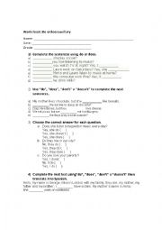 English Worksheet: auxiliary do or does test