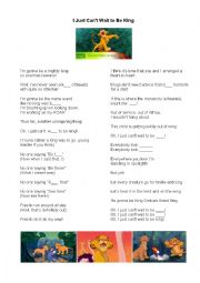 English Worksheet: The Lion King Song: I Just cant wait to be king (Easy)