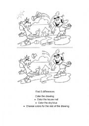 English Worksheet: Activity for small kids - Find the 5 differences & Color