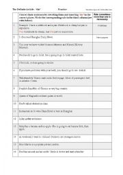 English Worksheet: Uses of the definite article (worksheet to accompany Definite Article Poem printable)