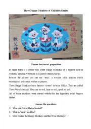 English Worksheet: Prepositions practice - Three happy monkeys