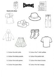 English Worksheet: Clothes - read and colour