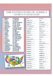 English Worksheet: States Of America: English and Chinese names