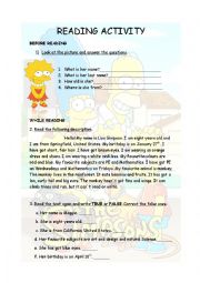 English Worksheet: READING ACTIVITY LISA SIMPSON