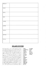 English Worksheet: table to describe planets in a solar system and wordsearch