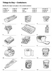 English Worksheet: What is the container for these items? Make a shopping list.