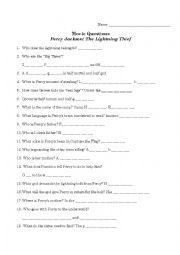 Percy Jackson and the Lightning Thief Worksheet