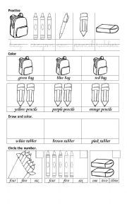 English Worksheet: School material and numbers. Draw and color.