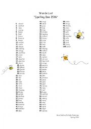 Word list Spelling Bee.