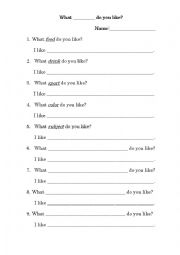 English Worksheet: What ____ do you like?