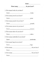 English Worksheet: How many________ do you have? (School Supplies)