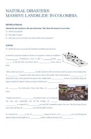 English Worksheet:  Listening practice: Natural disasters: landslide in Colombia. (passive voice)