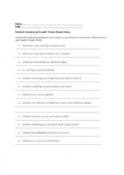 English Worksheet: Present simple -- Introducing yourself