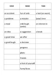 English Worksheet: Have Make Take phrasal verbs  cards