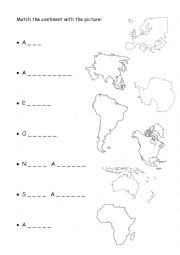 English Worksheet: Continents word fill and match