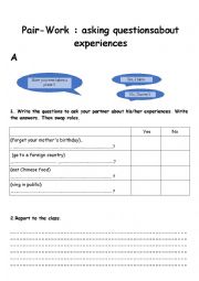 English Worksheet: Pair-work experiences