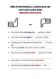 English Worksheet: THE FUNCTIONAL LANGUAGE OF ADVANTAGES AND DISADVANTAGES