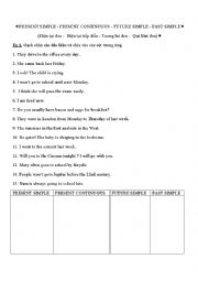 English Worksheet: PRESENT SIMPLE - CONTINUOUS - FUTURE - PAST SIMPLE