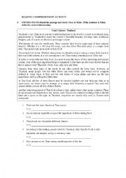 English Worksheet: FOOD IN THAILAND READING COMPREHENSION ACTIVITY 