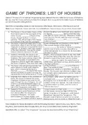 English Worksheet: GAME OF THRONES: LIST OF HOUSES