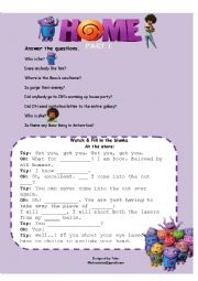 English Worksheet: animation worksheet [ part one of HOME animation (00:01_21:04 minutes)]