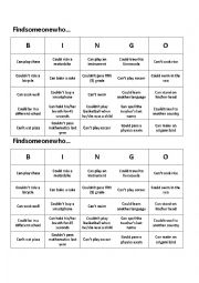 English Worksheet: Bingo and Interview Can-Could