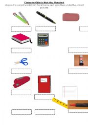 English Worksheet: Classroom Objects Matching Worksheet