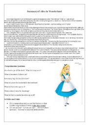 English Worksheet: Alice in the Wonderland Summary and Text Comprehension