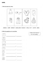 English Worksheet: Revision clothes, seasons and weather