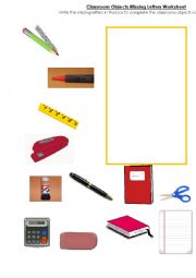 English Worksheet: Classroom Objects Missing Letters Worksheet