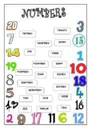 English Worksheet: Numbers 1 - 20 matching