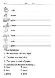 English Worksheet: Long a 