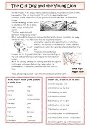 English Worksheet: The Dog and the Lion: a fable