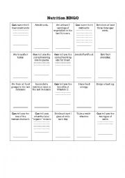 English Worksheet: Nutrition BINGO