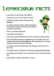 English Worksheet: Leprechaun, st patrick, reading comprehension, facts, word search