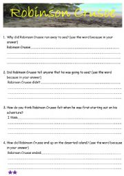 English Worksheet: Robinson Crusoe Ch 1 & 2 comprehension questions with basic writing frame