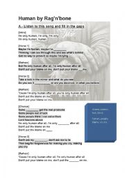 English Worksheet: HUMAN BY RAGN BONE MAN + possessive/object pronouns/adjectives