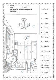 English Worksheet: My Room. Name the furniture.