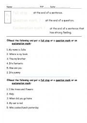 English Worksheet: The full Stop , exclamation mark and question mark