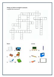 English Worksheet: English classroom crossword for beginners