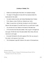 English Worksheet: Pachisi Listening/Reading Exercise