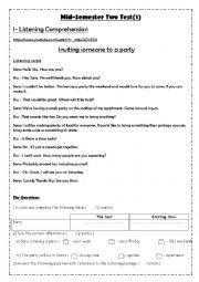 English Worksheet: Mid-Semester Two Test(1) for 8 th form students