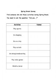 English Worksheet: Spring Break Survey